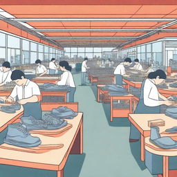 A detailed illustration of a shoe making factory