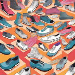 A vibrant and modern depiction of the shoe industry, showcasing various types of footwear including sneakers, heels, and boots