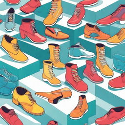 A vibrant and modern depiction of the shoe industry, showcasing various types of footwear including sneakers, heels, and boots