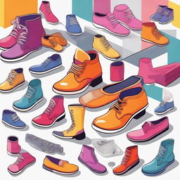 A vibrant and modern depiction of the shoe industry, showcasing various types of footwear including sneakers, heels, and boots