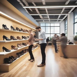 A dynamic and engaging scene depicting a successful shoe company