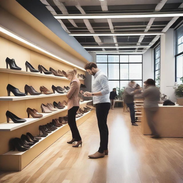 A dynamic and engaging scene depicting a successful shoe company