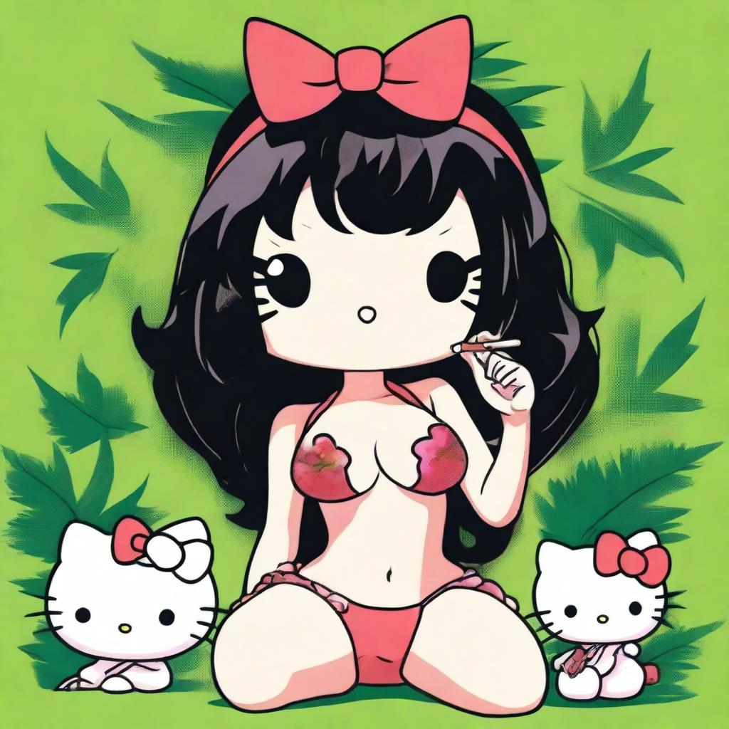 A depiction of Hello Kitty with black hair, wearing a bikini, and exaggerated features