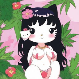 A depiction of Hello Kitty with black hair, wearing a bikini, and exaggerated features