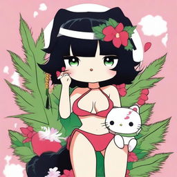 A depiction of Hello Kitty with black hair, wearing a bikini, and exaggerated features