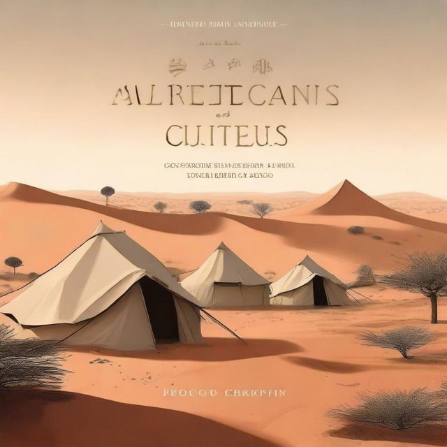 Create a book cover featuring an African desert landscape with traditional tents