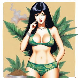 A woman with black hair and hazel, dark brown eyes wearing a bikini and mini skirt. She is depicted smoking pot.