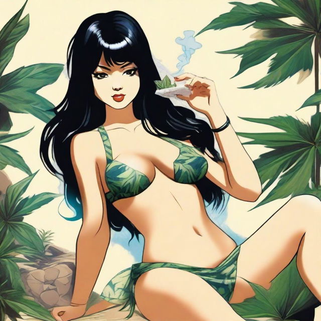 A woman with black hair and hazel, dark brown eyes wearing a bikini and mini skirt. She is depicted smoking pot.