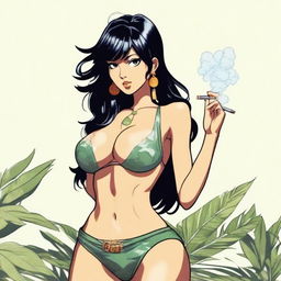 A woman with black hair and hazel, dark brown eyes wearing a bikini and mini skirt. She is depicted smoking pot.