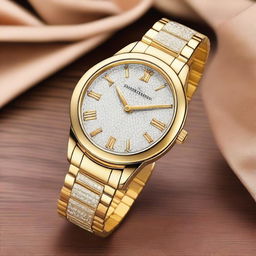 A luxury watch with an elegant design, featuring a gold case and strap adorned with sparkling diamonds