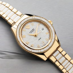 A luxury watch with an elegant design, featuring a gold case and strap adorned with sparkling diamonds