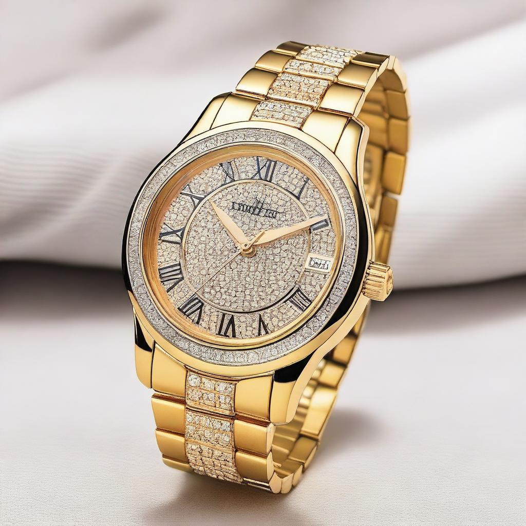 A luxury watch with an elegant design, featuring a gold case and strap adorned with sparkling diamonds