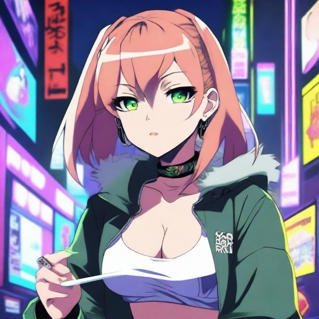 An anime girl with exaggerated features, including large breasts, smoking weed