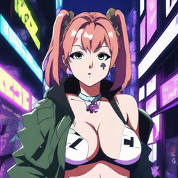 An anime girl with exaggerated features, including large breasts, smoking weed