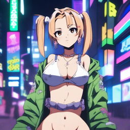 An anime girl with exaggerated features, including large breasts, smoking weed