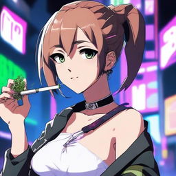 An anime girl with exaggerated features, including large breasts, smoking weed