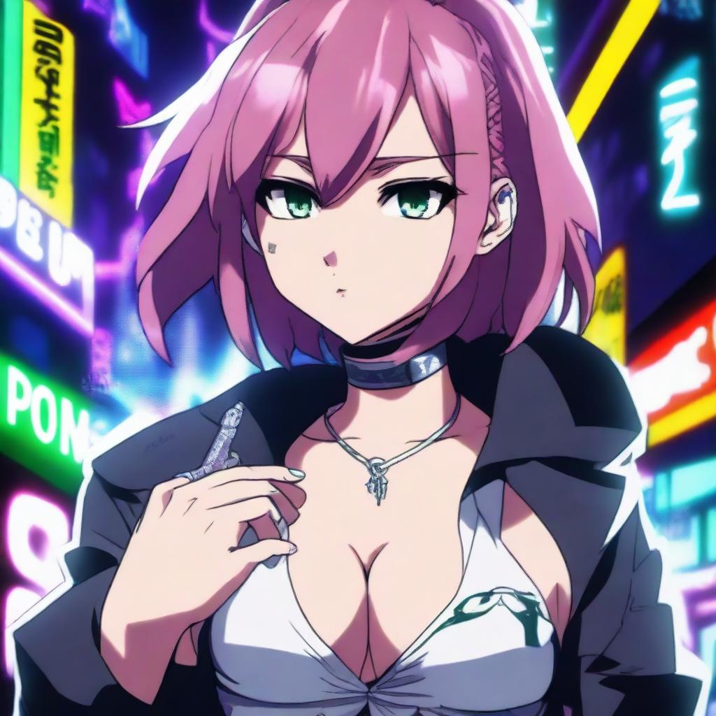 An anime girl with exaggerated features, including large breasts, smoking weed