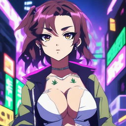 An anime girl with exaggerated features, including large breasts, smoking weed