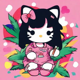 A depiction of Hello Kitty with black hair, holding a joint and smoking weed