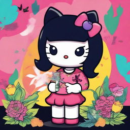 A depiction of Hello Kitty with black hair, holding a joint and smoking weed