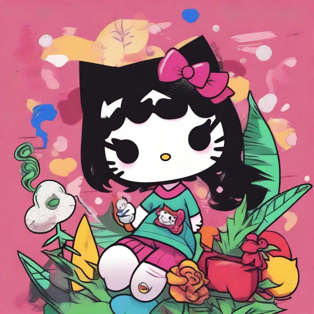 A depiction of Hello Kitty with black hair, holding a joint and smoking weed