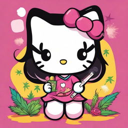 A depiction of Hello Kitty with black hair, holding a joint and smoking weed