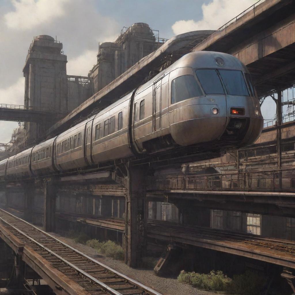 A monorail system reimagined in dieselpunk style. Retro-futuristic trains, gritty industrial accents, and an overall vintage-tone, run efficiently along a heavily-constructed iron track.