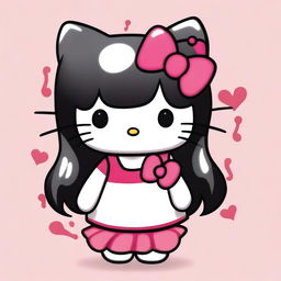 A depiction of Hello Kitty with exaggerated features, including large breasts and black hair