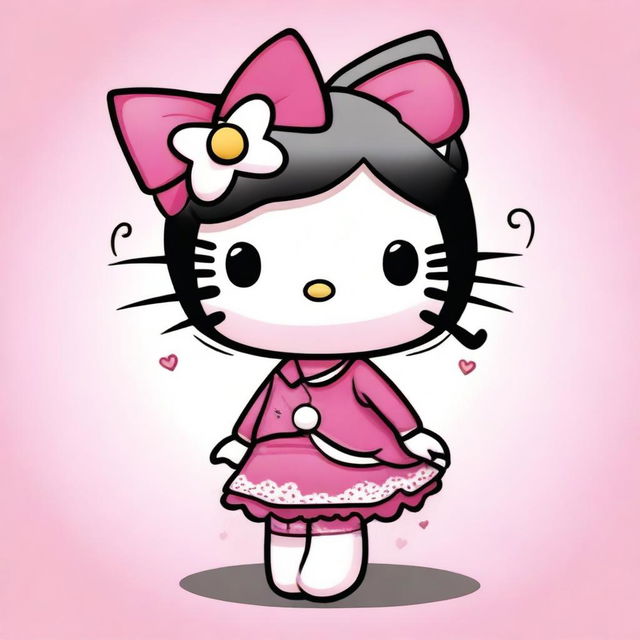 A depiction of Hello Kitty with exaggerated features, including large breasts and black hair