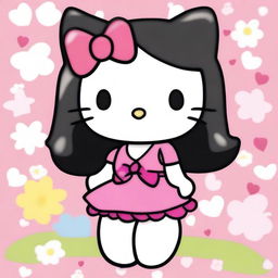 A depiction of Hello Kitty with exaggerated features, including large breasts and black hair