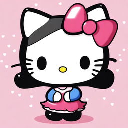 A depiction of Hello Kitty with exaggerated features, including large breasts and black hair