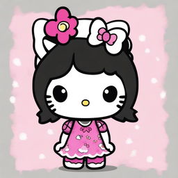 A depiction of Hello Kitty with black hair and exaggerated features, including large breasts