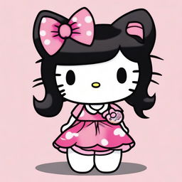 A depiction of Hello Kitty with black hair and exaggerated features, including large breasts