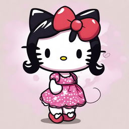 A depiction of Hello Kitty with black hair and exaggerated features, including large breasts