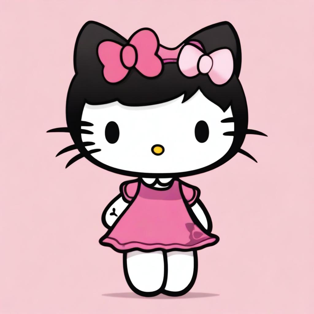 A depiction of Hello Kitty with black hair and exaggerated features, including large breasts