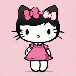 A depiction of Hello Kitty with black hair and exaggerated features, including large breasts