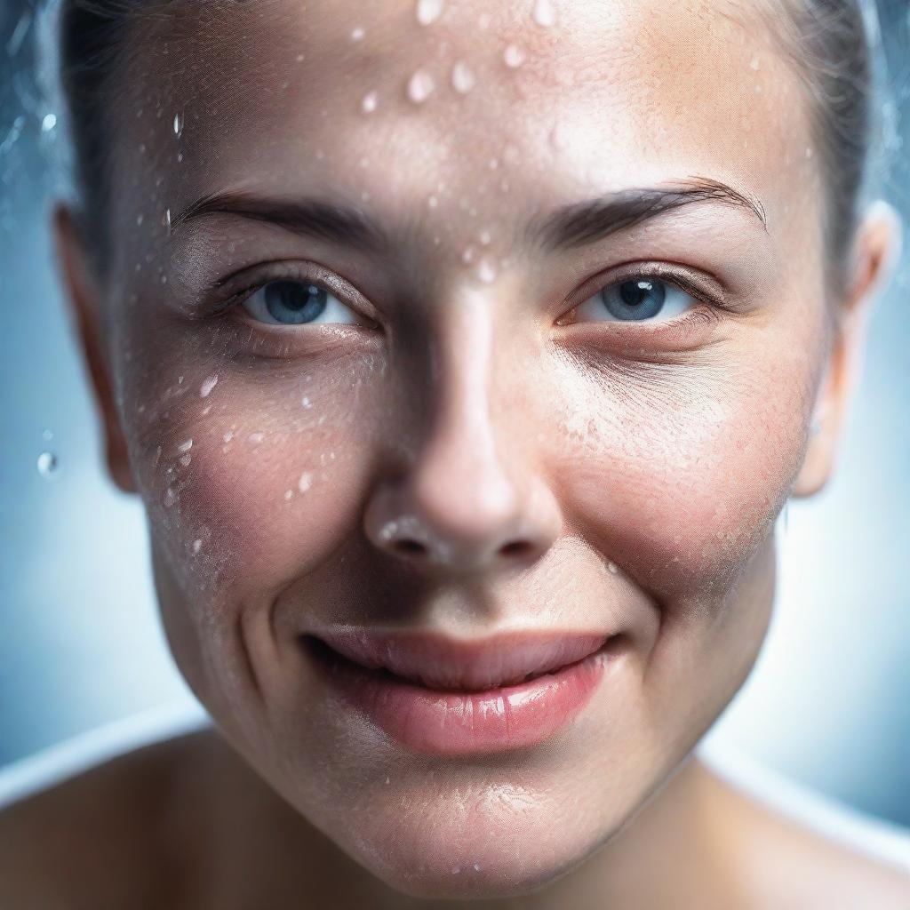 A detailed portrait of an attractive woman with wet skin, capturing the glistening effect of water droplets