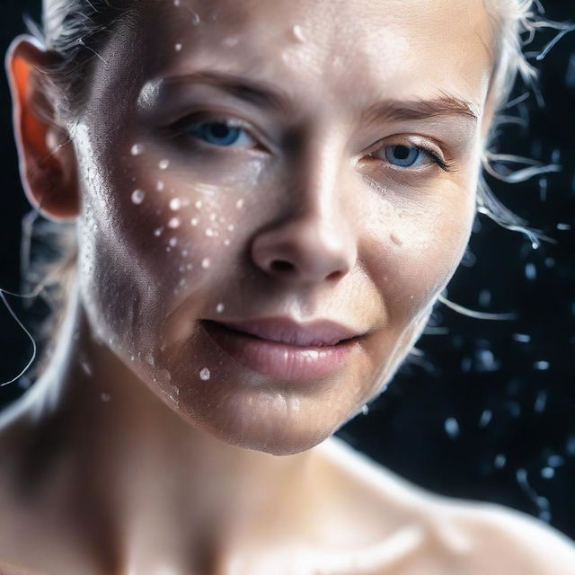 A detailed portrait of an attractive woman with wet skin, capturing the glistening effect of water droplets