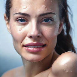 A detailed portrait of an attractive woman with wet skin, capturing the glistening effect of water droplets