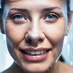 A detailed portrait of an attractive woman with wet skin, capturing the glistening effect of water droplets