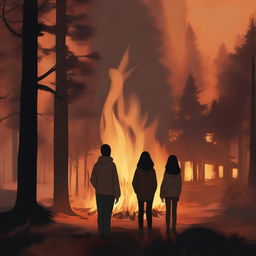 A realistic image depicting a forest with cabins on fire