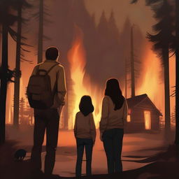 A realistic image depicting a forest with cabins on fire