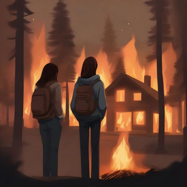 A realistic image depicting a forest with cabins on fire