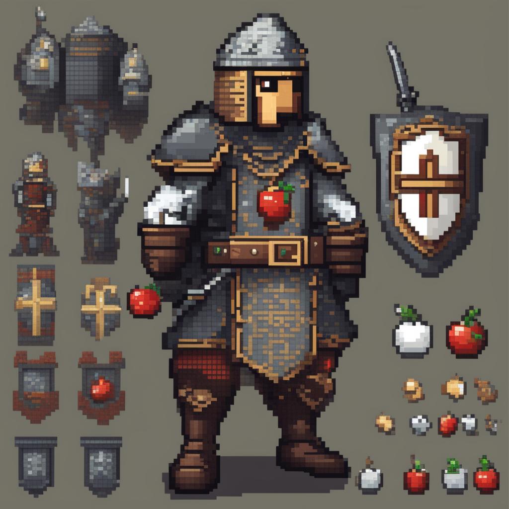 2D pixel art game asset of a medieval warrior with an apple head, detailed armor, and no background.