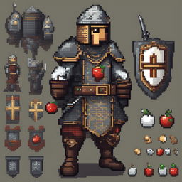 2D pixel art game asset of a medieval warrior with an apple head, detailed armor, and no background.