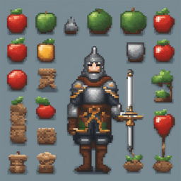 2D pixel art game asset of a medieval warrior with an apple head, detailed armor, and no background.