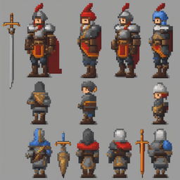 2D pixel art game asset of a medieval warrior with an apple head, detailed armor, and no background.