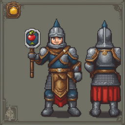 2D pixel art game asset of a medieval warrior with an apple head, detailed armor, and no background.