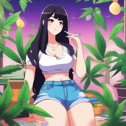 An anime-style illustration of a girl with black hair and a curvy figure, part of a team promoting a weed theme