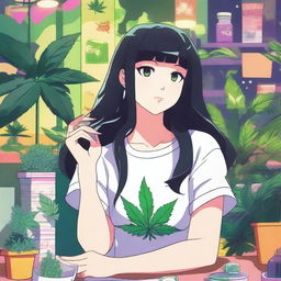 An anime-style illustration of a girl with black hair and a curvy figure, part of a team promoting a weed theme